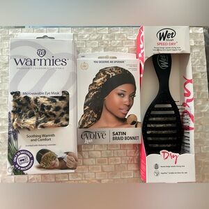 Warmies Microwavable eye Mask, Evolve Braid Bonnet, Wet hair brush speed dry.